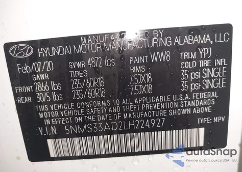 2020 Hyundai Santa Fe Sel z USA, uszkodzony, nr VIN 5NMS33AD2LH224927